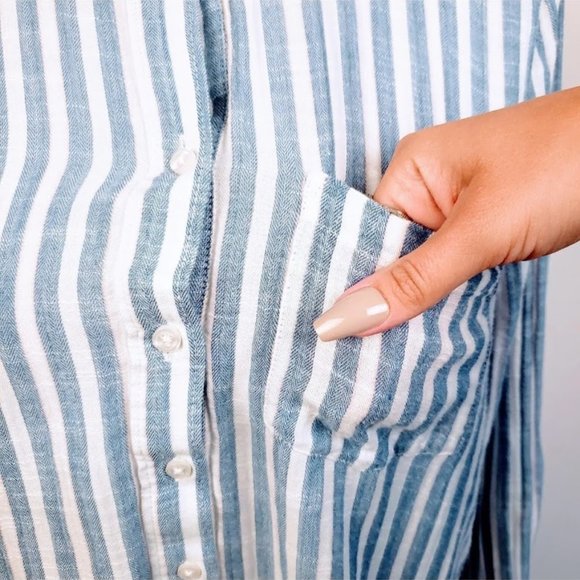 LUCKY BRAND Button Down Top, Blue White Linen Striped Long Sleeve Casual Boho, S - Picture 7 of 12